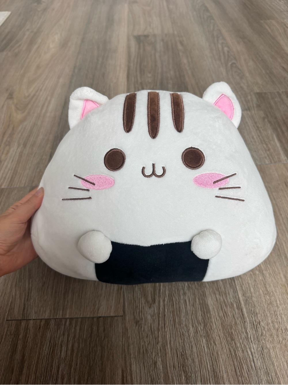Onigiri Cat Pillow with Pink & Brown Accents